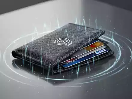 Ein schlankes, modernes Portemonnaie mit RFID-Schutz, halb geöffnet, um Kreditkarten zu zeigen, umgeben von schimmernden Wellen. - Foto: über boerse-global.de