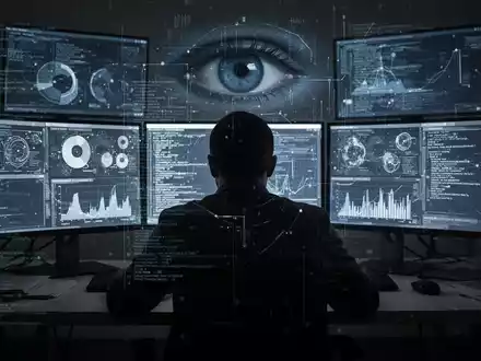 Eine Person sitzt an einem Schreibtisch vor mehreren leuchtenden Bildschirmen, die Daten und Code anzeigen, mit einem Hauch digitaler Überwachung. - Foto: über boerse-global.de