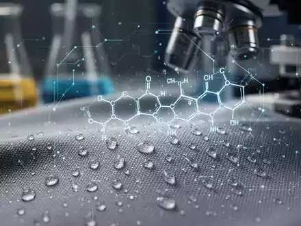 Nahaufnahme eines technischen Textilstoffs mit digitaler Überlagerung, die chemische Strukturen darstellt, in einem Laborumfeld. - Foto: über boerse-global.de