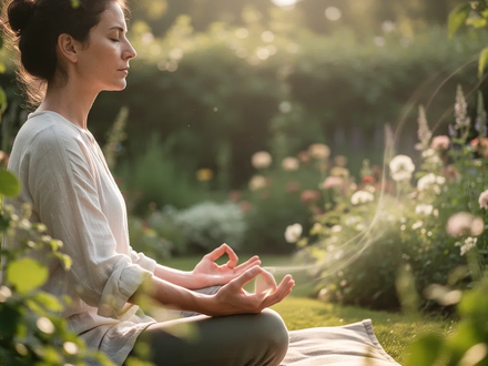 Eine Person meditiert friedlich in einem sonnigen Garten, umgeben von verschwommenen grünen Pflanzen und Blumen. - Foto: über boerse-global.de