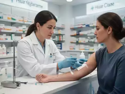 Eine Apothekerin in einer modernen Apotheke, die eine Blutentnahme oder Impfung durchführt. - Foto: über boerse-global.de