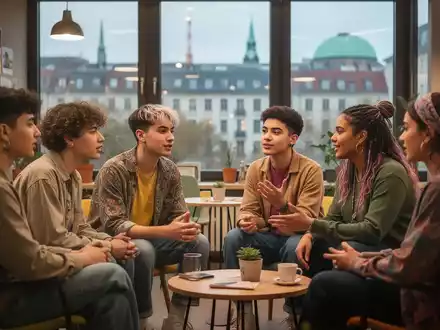 Queere Jugendliche in einem modernen Beratungszentrum, das Unterstützung und Gemeinschaft symbolisiert, mit Blick auf Berlin. - Foto: über boerse-global.de