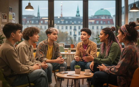 Queere Jugendliche in einem modernen Beratungszentrum, das Unterstützung und Gemeinschaft symbolisiert, mit Blick auf Berlin. - Foto: über boerse-global.de