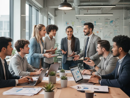 Junge Unternehmer arbeiten in einem modernen Co-Working Space, diskutieren Ideen und nutzen digitale Tools. - Foto: über boerse-global.de