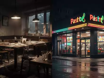 Ein leeres, schlecht beleuchtetes Restaurant und eine beleuchtete Fast-Food-Filiale bei Nacht, symbolisiert die Krise und Expansion im Gastgewerbe. - Foto: über boerse-global.de