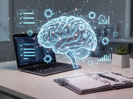 A glowing, abstract AI brain with digital productivity icons representing goal tracking and artificial intelligence, set in a modern office. - Foto: über boerse-global.de