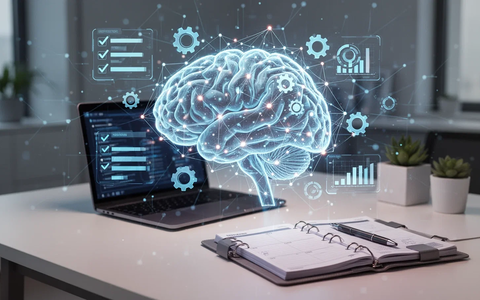 A glowing, abstract AI brain with digital productivity icons representing goal tracking and artificial intelligence, set in a modern office. - Foto: über boerse-global.de
