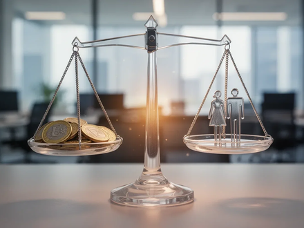 Eine transparente Glaswaage mit Euro-Münzen und stilisierten männlichen und weiblichen Silhouetten, die Gleichheit darstellen. - Foto: über boerse-global.de