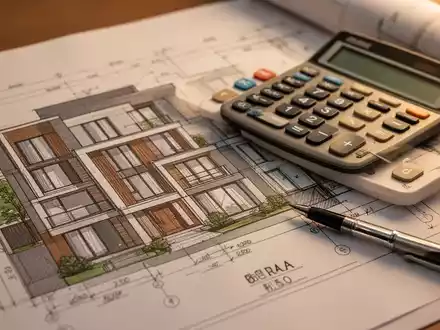 Ein detaillierter Bauplan eines Wohngebäudes mit einem Taschenrechner und einem Stift, der Finanzplanung und neue Bauprojekte symbolisiert. - Foto: über boerse-global.de