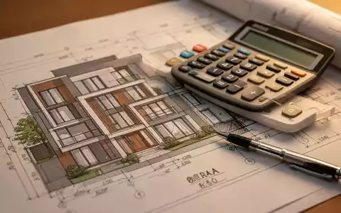 Ein detaillierter Bauplan eines Wohngebäudes mit einem Taschenrechner und einem Stift, der Finanzplanung und neue Bauprojekte symbolisiert. - Foto: über boerse-global.de