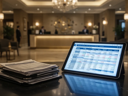 Ein verschwommener Hotelbereich mit einem Tablet im Vordergrund, das Finanzdaten anzeigt, symbolisiert Compliance und wirtschaftlichen Druck. - Foto: über boerse-global.de