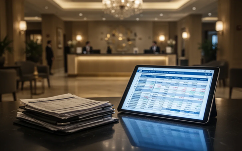 Ein verschwommener Hotelbereich mit einem Tablet im Vordergrund, das Finanzdaten anzeigt, symbolisiert Compliance und wirtschaftlichen Druck. - Foto: über boerse-global.de