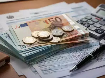 Ein Stapel Euro-Banknoten und -Münzen mit Taschenrechner, Stift und Steuerformularen auf einem Holztisch, der Finanzplanung symbolisiert. - Foto: über boerse-global.de
