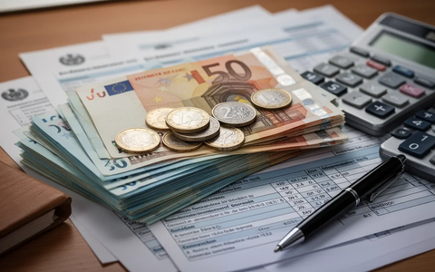 Ein Stapel Euro-Banknoten und -Münzen mit Taschenrechner, Stift und Steuerformularen auf einem Holztisch, der Finanzplanung symbolisiert. - Foto: über boerse-global.de
