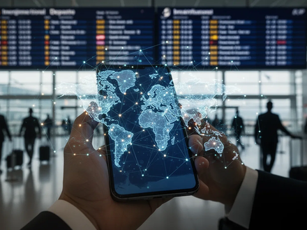 A hand holds a smartphone showing a digital world map with network lines, an airport departure board blurred in the background. - Foto: über boerse-global.de