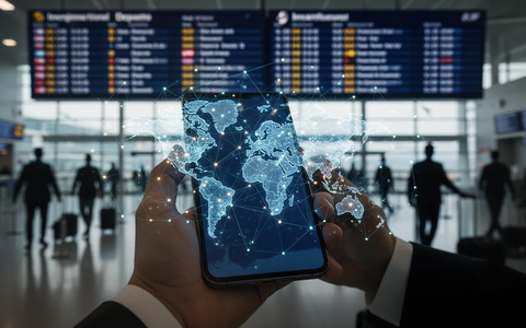 A hand holds a smartphone showing a digital world map with network lines, an airport departure board blurred in the background. - Foto: über boerse-global.de