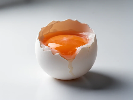 Ein perfekt gekochtes Ei, aufgebrochen mit einem leuchtend orangefarbenen Eigelb, auf einer minimalistischen weißen Oberfläche. - Foto: über boerse-global.de