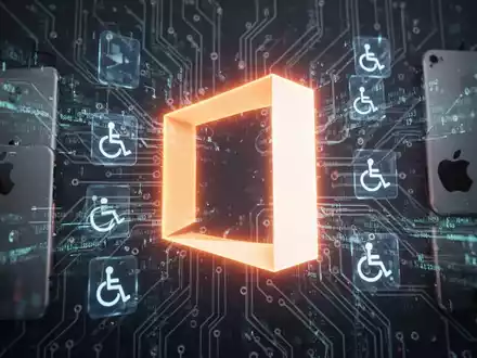A glowing Microsoft Office logo interwoven with digital data streams and accessibility symbols, against a tech background. - Foto: über boerse-global.de
