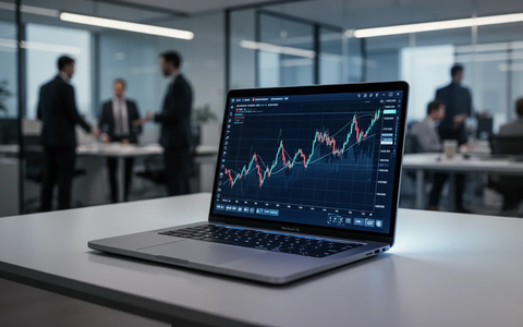 A sleek, modern laptop displaying a glowing financial chart on its screen, set against a blurred office background. - Foto: über boerse-global.de