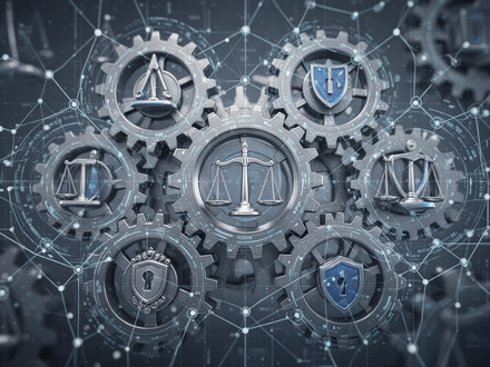 Abstrakte Darstellung von Finanzregulierung und Governance mit Zahnrädern und digitalen Netzwerken, die Präzision und Sicherheit symbolisieren. - Foto: über boerse-global.de