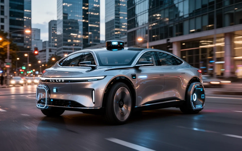 A sleek, futuristic, driverless robotaxi, resembling a modified SUV, drives on a city street at dusk with blurred city lights. - Foto: über boerse-global.de