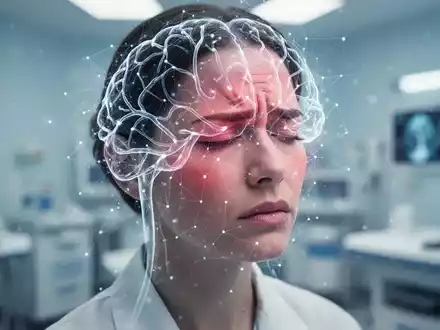 Eine Person mit einer subtilen, leuchtenden neuronalen Netzwerk-Überlagerung auf dem Kopf in einer medizinischen Umgebung. - Foto: über boerse-global.de