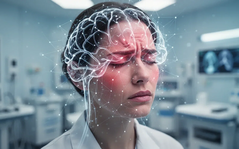 Eine Person mit einer subtilen, leuchtenden neuronalen Netzwerk-Überlagerung auf dem Kopf in einer medizinischen Umgebung. - Foto: über boerse-global.de
