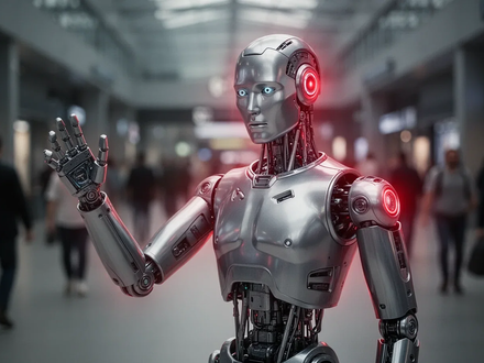 A metallic humanoid robot stands in a public space, its arm raised, with a subtle red warning glow, symbolizing safety concerns. - Foto: über boerse-global.de