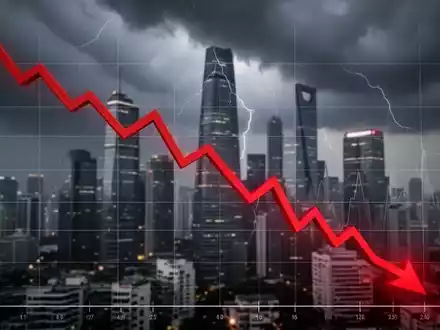 Ein dramatischer roter Liniengraph, der einen starken Börsencrash darstellt, mit einem unscharfen Finanzviertel im Hintergrund. - Foto: über boerse-global.de