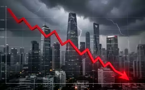 Ein dramatischer roter Liniengraph, der einen starken Börsencrash darstellt, mit einem unscharfen Finanzviertel im Hintergrund. - Foto: über boerse-global.de
