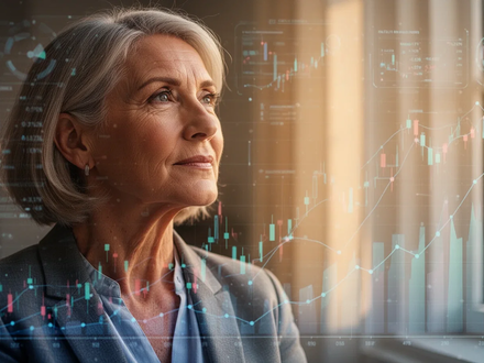 Eine nachdenkliche Frau mittleren Alters, die zukünftige Finanz- und Nachlassplanung mit digitalen Elementen visualisiert. - Foto: über boerse-global.de