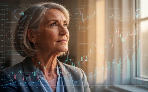 Eine nachdenkliche Frau mittleren Alters, die zukünftige Finanz- und Nachlassplanung mit digitalen Elementen visualisiert. - Foto: über boerse-global.de