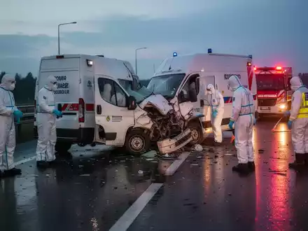 Einsatzkräfte in Schutzanzügen sichern eine Unfallstelle auf einer Autobahn bei Sonnenuntergang, ein beschädigter Transporter ist sichtbar. - Foto: über boerse-global.de