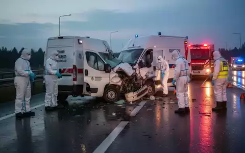 Einsatzkräfte in Schutzanzügen sichern eine Unfallstelle auf einer Autobahn bei Sonnenuntergang, ein beschädigter Transporter ist sichtbar. - Foto: über boerse-global.de