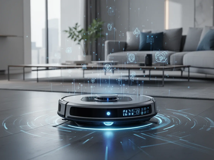 Ein futuristischer Saugroboter reinigt einen modernen Wohnraum, der Effizienz und intelligente Automatisierung symbolisiert. - Foto: über boerse-global.de