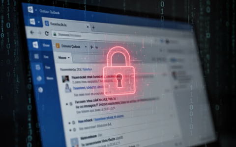 A close-up of a computer screen showing a blurred Outlook email interface with a red glowing digital lock icon, suggesting a security vulnerability. - Foto: über boerse-global.de