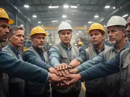Eine Gruppe von Fabrikarbeitern und Gewerkschaftsvertretern in einer Industriehalle, die Entschlossenheit und Zusammenhalt zeigt. - Foto: über boerse-global.de