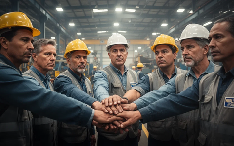 Eine Gruppe von Fabrikarbeitern und Gewerkschaftsvertretern in einer Industriehalle, die Entschlossenheit und Zusammenhalt zeigt. - Foto: über boerse-global.de