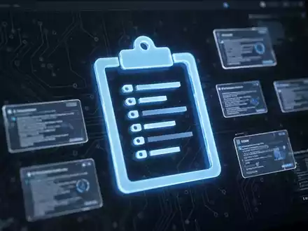 A digital representation of a clipboard icon with multiple smaller, translucent cards floating around it on a dark, futuristic computer screen. - Foto: über boerse-global.de