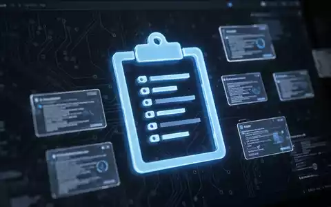 A digital representation of a clipboard icon with multiple smaller, translucent cards floating around it on a dark, futuristic computer screen. - Foto: über boerse-global.de