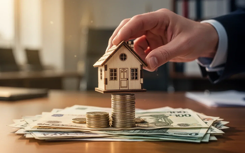 Eine Hand platziert ein kleines Holzhaus auf einem Stapel Münzen und Banknoten, symbolisierend ein Rettungspaket für die Pflegeversicherung. - Foto: über boerse-global.de