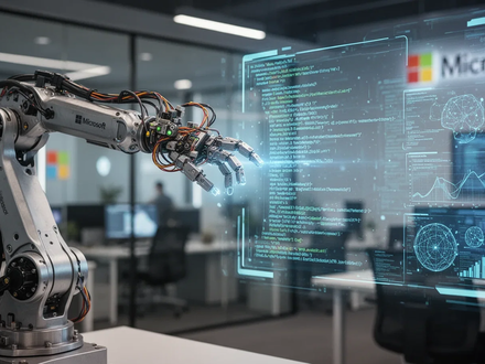 A sophisticated robotic arm interacting with a holographic display showing complex code and data, representing AI's impact on robotics. - Foto: über boerse-global.de