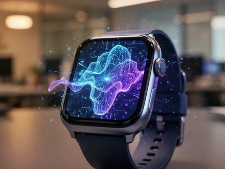 Eine Nahaufnahme einer modernen Smartwatch, die komplexe, abstrakte Datenvisualisierungen in hellen Blau- und Lilatönen anzeigt. - Foto: über boerse-global.de
