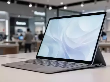 A close-up of a Microsoft Surface Laptop 7th Edition, partially open, with a glowing screen, in a retail setting. - Foto: über boerse-global.de