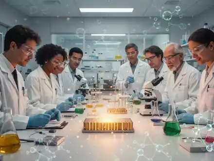 Wissenschaftler und Ingenieure in einem modernen Labor, die an fortschrittlichen Batteriematerialien forschen, mit subtilen Nanotechnologie-Elementen. - Foto: über boerse-global.de