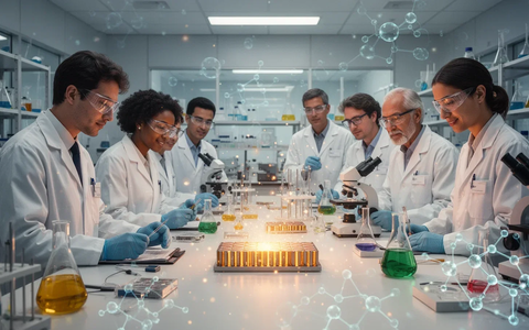 Wissenschaftler und Ingenieure in einem modernen Labor, die an fortschrittlichen Batteriematerialien forschen, mit subtilen Nanotechnologie-Elementen. - Foto: über boerse-global.de