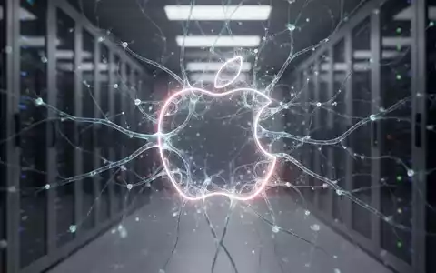 Ein stilisiertes, leuchtendes Apple-Logo verschmilzt mit abstrakten neuronalen Netzwerkmustern vor einem unscharfen Rechenzentrum. - Foto: über boerse-global.de