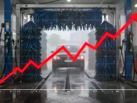 Ein roter, abwärts gerichteter Finanzchart über einer unscharfen Industriekulisse von Autowaschanlagen, der einen Verlust symbolisiert. - Foto: über boerse-global.de