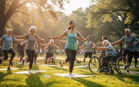 Eine Gruppe von Menschen unterschiedlichen Alters und Fähigkeiten nimmt an einer sanften Fitnessklasse im Freien teil. - Foto: über boerse-global.de