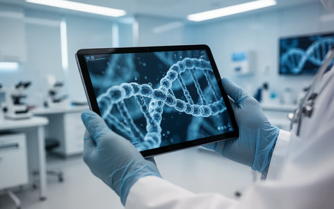 Nahaufnahme der Hände eines Arztes, der ein medizinisches Tablet mit einer abstrakten Darstellung von Zellen oder DNA hält, in einer modernen Klinik. - Foto: über boerse-global.de